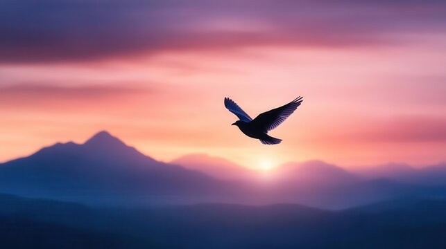 A serene sunset scene with a bird soaring over mountains, capturing the essence of freedom and nature's beauty.