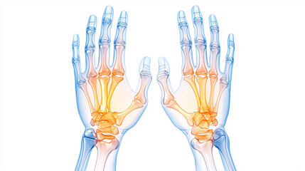 Two hands with a yellow and orange glow. The hands are shown in a 3D format, with the bones and joints clearly visible. Scene is one of warmth and comfort.