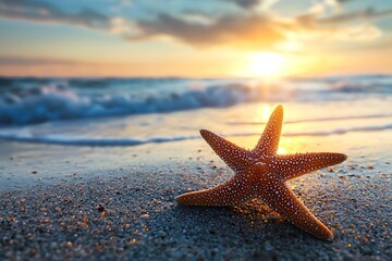 Fototapeta na wymiar Starfish on the sandy beach with the blurred sunset in the background.
