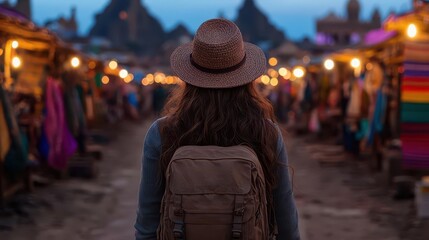 Obraz premium A traveler explores a vibrant market at dusk, illuminated by warm lights, capturing the essence of adventure and discovery.
