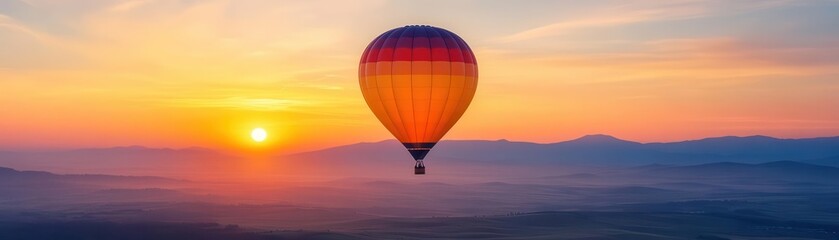 Obraz premium A vibrant hot air balloon floats above a serene landscape, basking in the golden glow of a stunning sunrise.