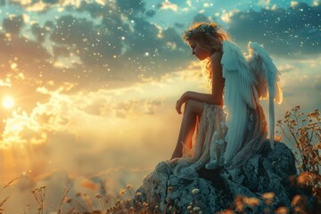angel with golden wings and a braided hairstyle sits gracefully by the water, illuminated by the warm glow of the setting sun. The angel's gentle expression and the sparkling light surrounding her