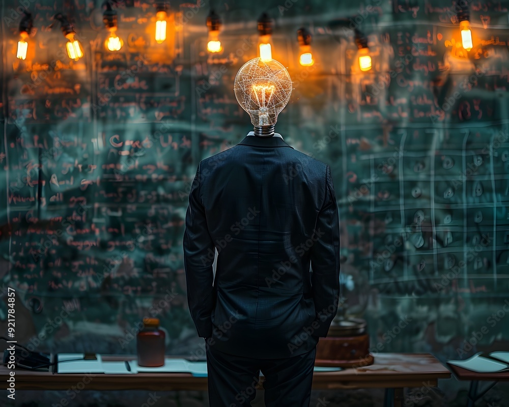 Poster illuminating intellect a man with a light bulb head contemplates complex equations on a chalkboard s