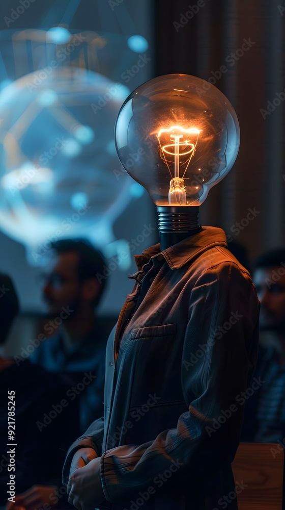 Wall mural visionary scientist unveils groundbreaking discovery at conference with glowing screen backdrop