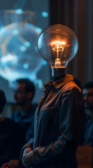 Fototapeta premium Visionary Scientist Unveils Groundbreaking Discovery at Conference with Glowing Screen Backdrop