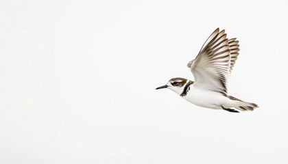 A small bird in flight against a bright, white background at midday