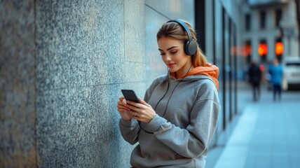 Young Woman Listening to Music on Headphones While Using Smartphone in Urban Setting
