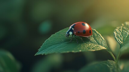 A ladybug sitting on top of a green leaf. 