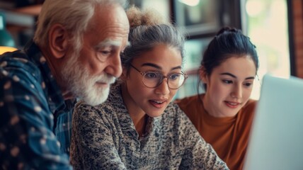 Diverse Group of People Collaborating on a Project Using a Laptop in a Modern Office Setting