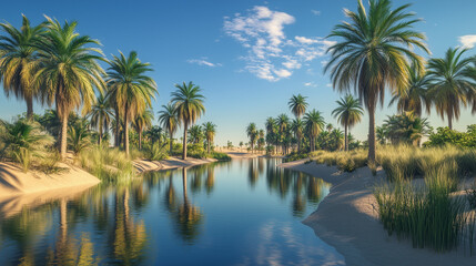 A quiet and peaceful oasis in a desert landscape, where the calm water reflects the clear blue sky and green palm trees line the shores.