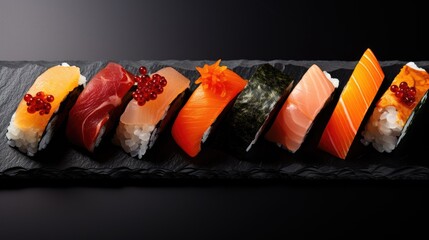 Sushi rolls arranged in a geometric pattern on a black slate