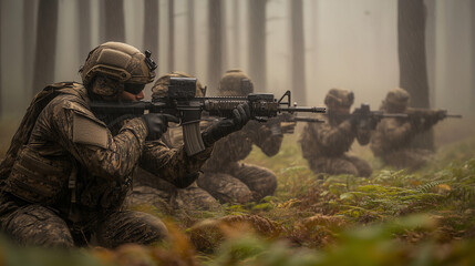 Fototapeta premium A group of soldiers in camouflage suits and helmets, armed with rifles, crawl through the rainy and foggy forest.