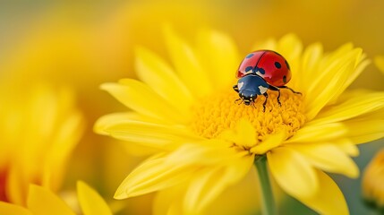 Naklejka premium Ladybug perching on the yellow chrysanthemum blossom