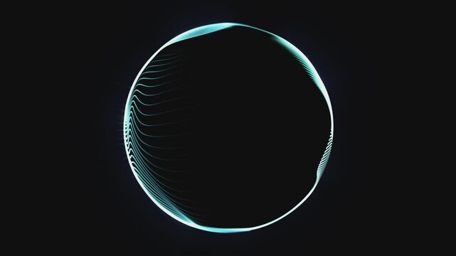 Abstract looped blue energy sphere of particles, lines and waves with bright magical glow on black background, video 4k