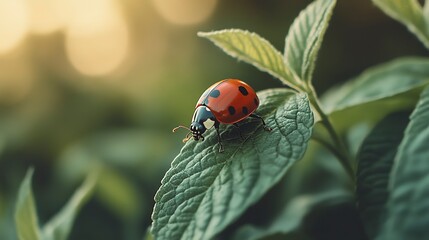 Fototapeta premium Vibrant ladybug perched on a lush green leaf, surrounded by soft, blurred natural background, showcasing serene and peaceful atmosphere of the outdoors.