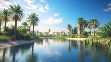 Obraz premium A quiet and peaceful oasis in a desert landscape, where the calm water reflects the clear blue sky and green palm trees line the shores.