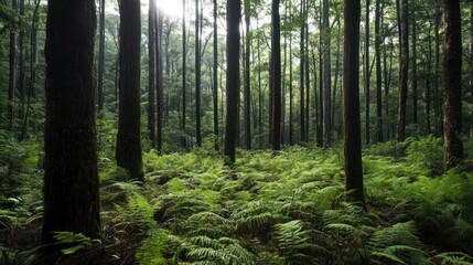 Obraz premium Sunlight Filtering Through a Dense Forest