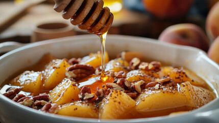 A bowl of fruit with honey drizzled on top