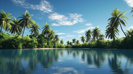 Obraz premium A beautiful landscape of an oasis, where the calm waters reflect the green palm trees spreading out under a bright blue sky.