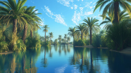 A beautiful landscape of an oasis, where the calm waters reflect the green palm trees spreading out under a bright blue sky.