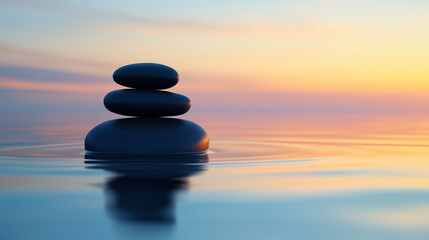 The black stones are carefully placed one on top of the other on the surface of the smooth water, overlooking the setting sun.