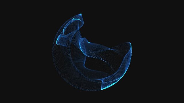 Abstract looped dynamic saturated blue energy sphere with the appearance and disappearance of magically glowing particles and waves on a black background, video in 4K