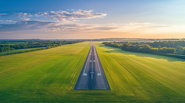 The overhead shot shows a long, empty runway that runs through green fields and surrounding trees.