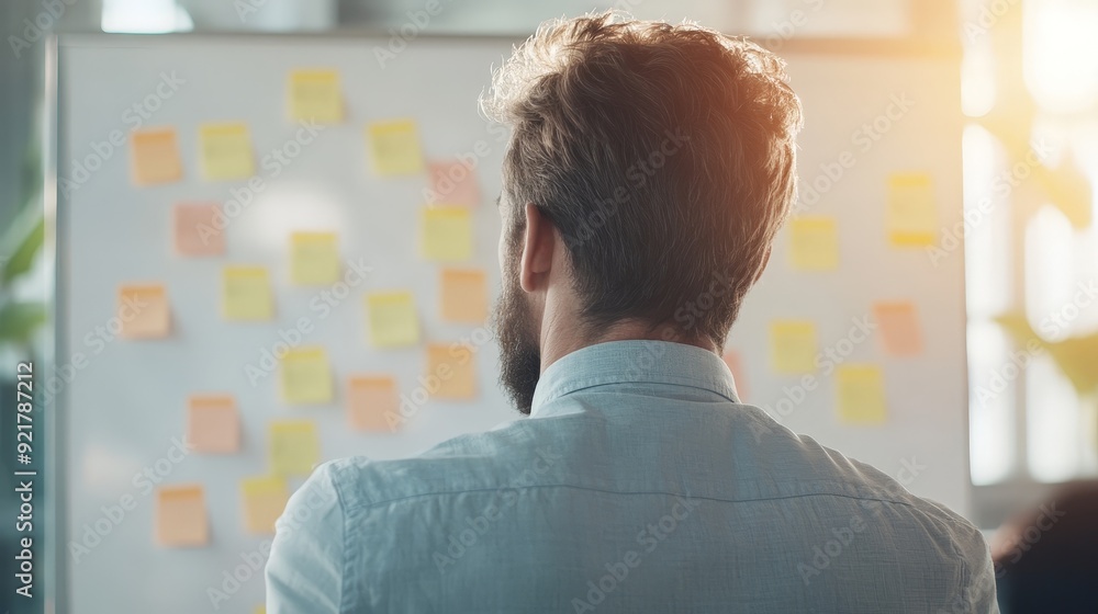 Poster collaborative team brainstorming with sticky notes on whiteboard in modern office setting