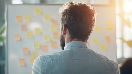 Collaborative Team Brainstorming with Sticky Notes on Whiteboard in Modern Office Setting