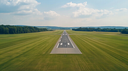 The overhead shot shows a long, empty runway that runs through green fields and surrounding trees.