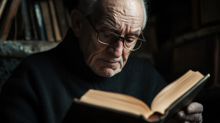 An elderly man, wearing traditional clothing and glasses, reads a book with obvious concentration.