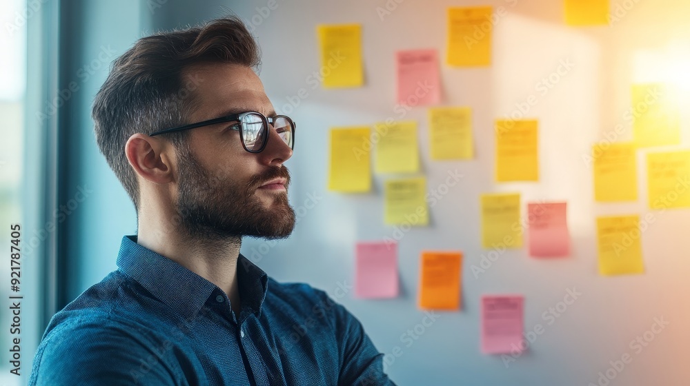 Poster strategic project management: organizing workflow with sticky notes on whiteboard