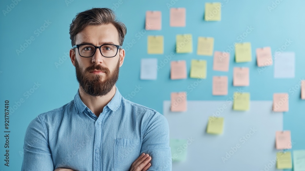 Poster Efficient Project Management: Project Manager Organizing Workflow with Sticky Notes on Whiteboard
