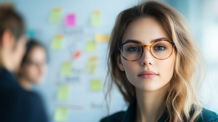 Brainstorming Business Strategy: Diverse Team Collaboration on Whiteboard with Sticky Notes Fostering Innovation and Creativity