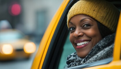 A woman smiling from a yellow taxi in a busy urban street during winter