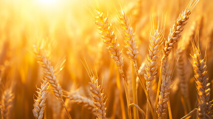 Obraz premium In the rays of the warm sun, the golden ears of wheat illuminate in a soft glow, creating an idyllic image of a late afternoon.