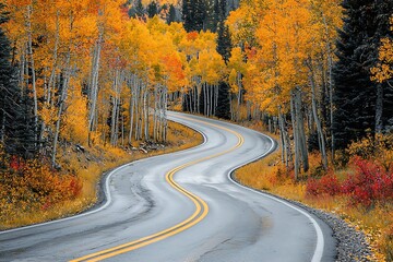 Fototapeta premium Winding asphalt road through a vibrant autumn forest with yellow leaves and white birch trees on a sunny day.