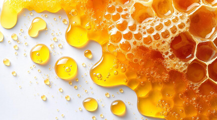 Puddle of honey on white background top view with space for text, created with Generative AI technology