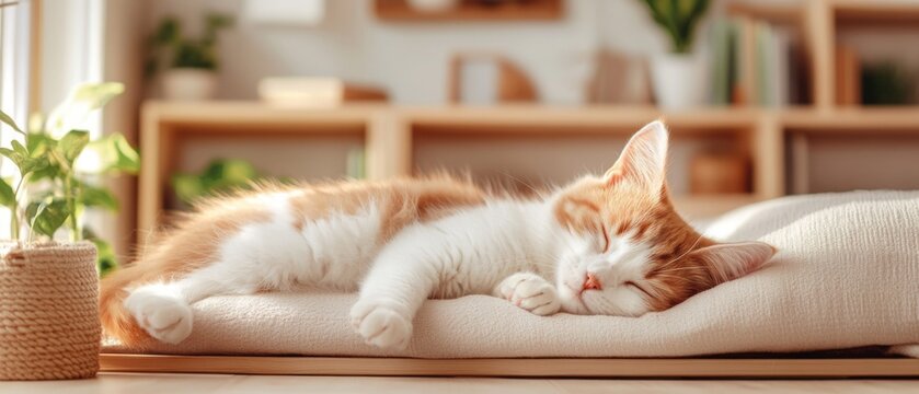 Peaceful Ginger Kitten Sleeping on a Cozy Cushion in a Sunlit Room with Wooden Shelves and Green Plants
