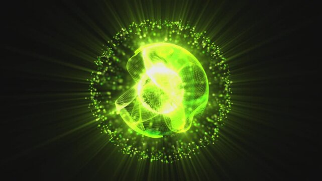 Abstract looped dynamic 3in1 green energetic green sphere of magically glowing particles and waves on black background, video in 4K
