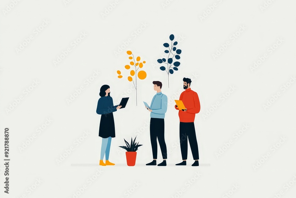 Poster modern workspace: diverse team collaboration in minimalist flat style illustration for project manag