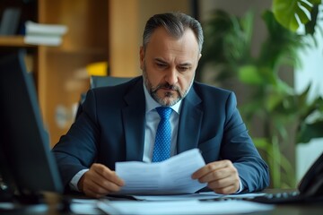 Fototapeta premium Diligent Middle Aged Professional Businessman Wearing Suit Working at Desk in Office