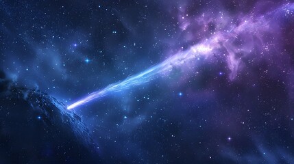 A bright blue comet streaks through a dark blue and purple space with white stars and a nebulae in...