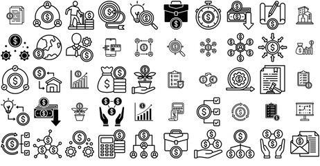 Set Of Linear Financial Planning Isolated Silhouette Solid Icons With Profit,Network,Investment,Growth,Money Vector Icon Set Linear Pictogram Pack