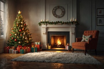 Obraz premium Merry Christmas background with gift next to Christmas Tree in decorated room with fireplace. Digital Illustration