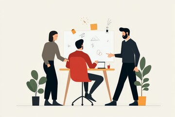Diverse Team Brainstorming on Whiteboard - Minimalist Creativity Flat Illustration