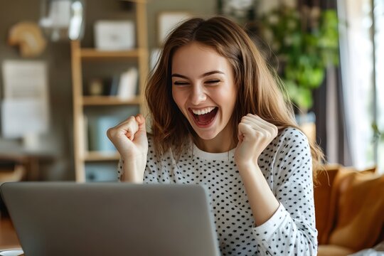 Excited Woman Celebrating Receiving Good News on Laptop at Home