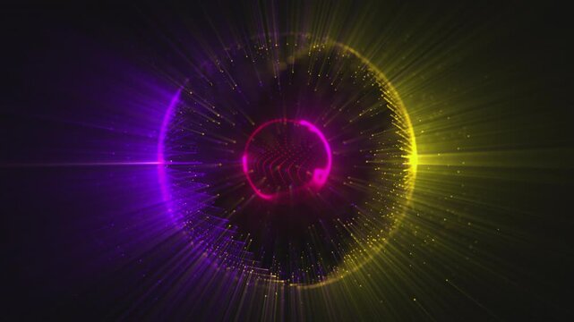 Abstract looped dynamic 3in1 energy sphere with magical glowing gold and blue particles and waves and a pink core in the center on black, 4K video