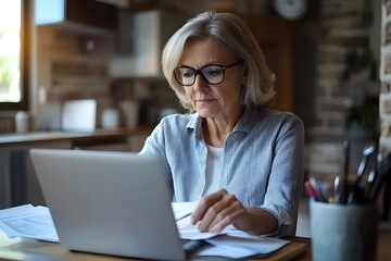 Mature Woman Calculating Retirement Finances on Laptop at Home Office