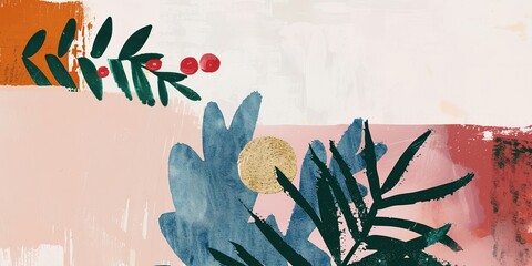 Abstract watercolor and gouache illustration with botanical elements. Modern artistic background with brushstrokes and leaves. Creative design template with copy space.